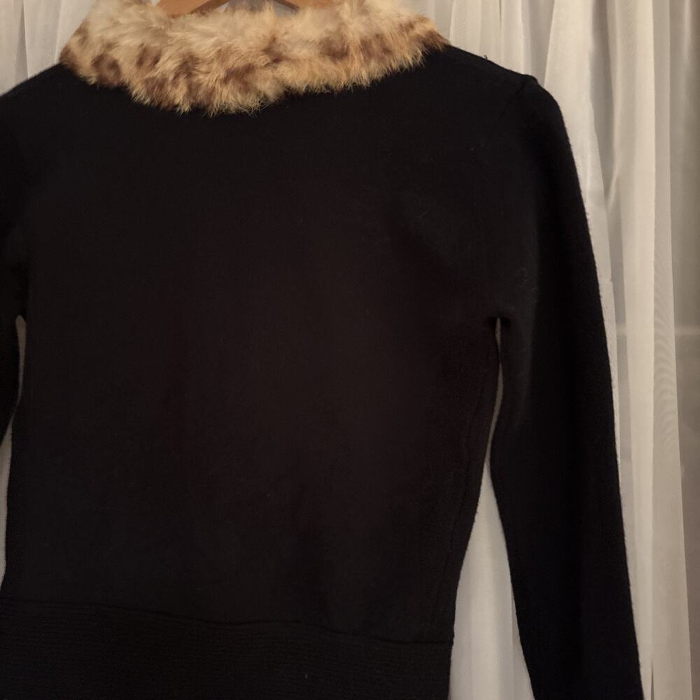 Vintage Cache Black Zip Up Button Sweater Real Fur Collar Women Sz M Silk Blend - Picture 11 of 14